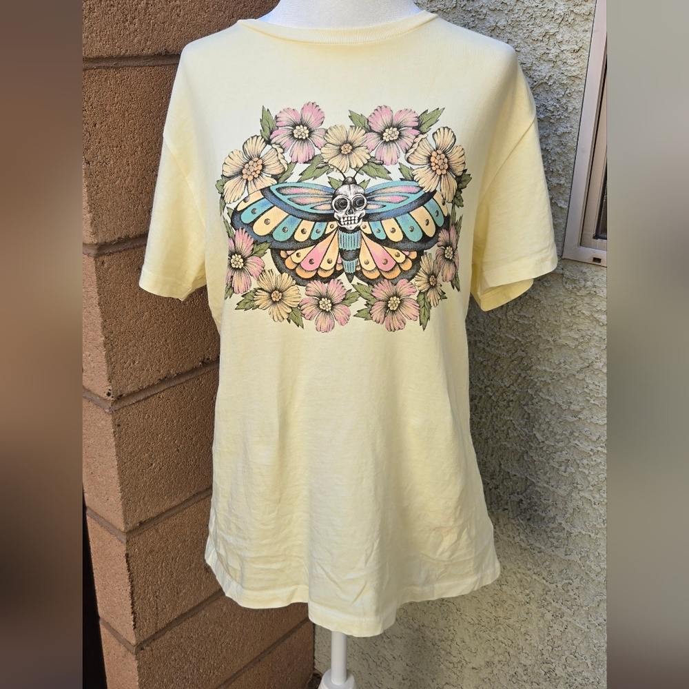 Lucky Brand Yellow Floral Moth Graphic Tee